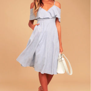 Lulu's Blue & White Off the Shoulder Midi Dress